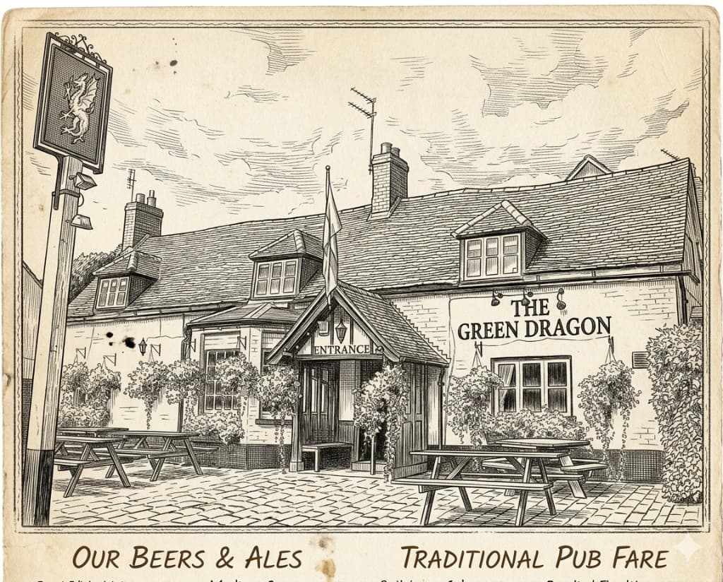 Etching illustration of The Green Dragon pub